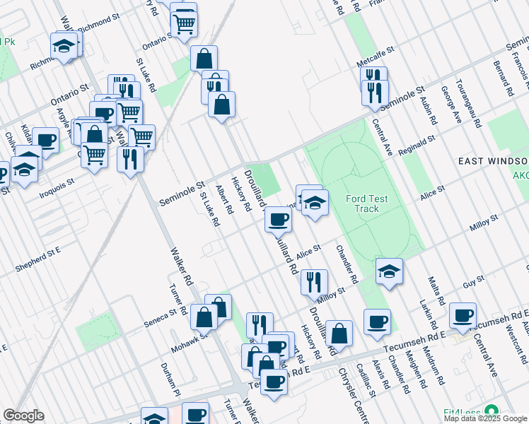 map of restaurants, bars, coffee shops, grocery stores, and more near 1574 Hickory Road in Windsor