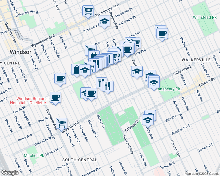map of restaurants, bars, coffee shops, grocery stores, and more near in Windsor