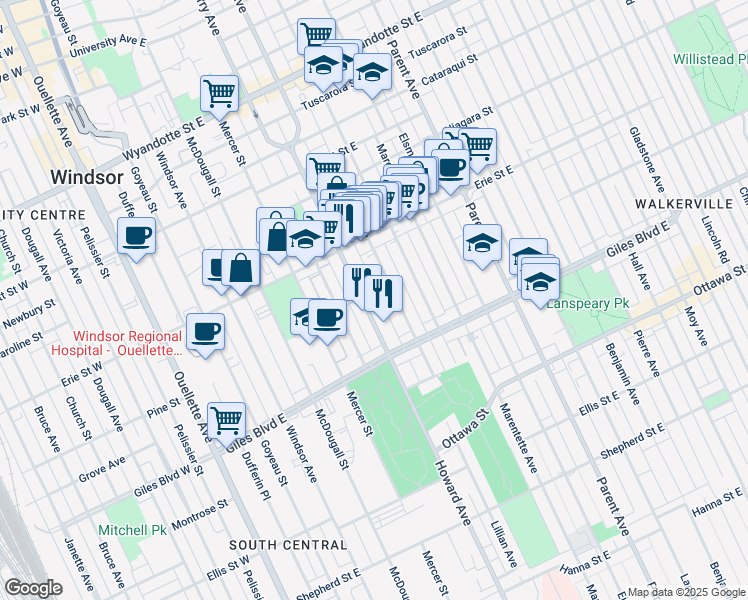 map of restaurants, bars, coffee shops, grocery stores, and more near 1088 Howard Avenue in Windsor