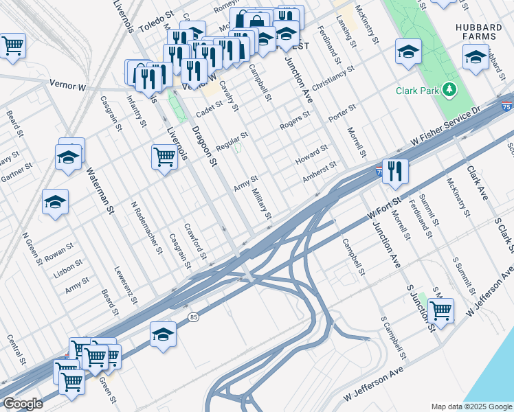 map of restaurants, bars, coffee shops, grocery stores, and more near 1062 Military Street in Detroit