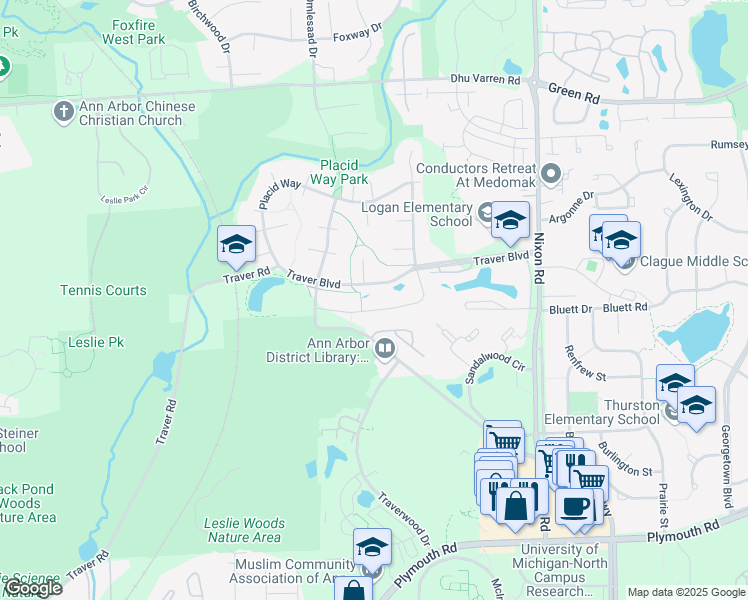 map of restaurants, bars, coffee shops, grocery stores, and more near 2441 Lancashire Drive in Ann Arbor