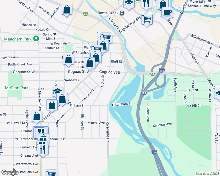 map of restaurants, bars, coffee shops, grocery stores, and more near 70 Goguac Street East in Battle Creek