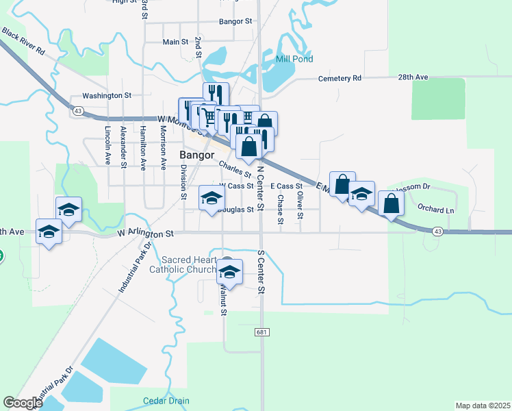 map of restaurants, bars, coffee shops, grocery stores, and more near 117 North Center Street in Bangor