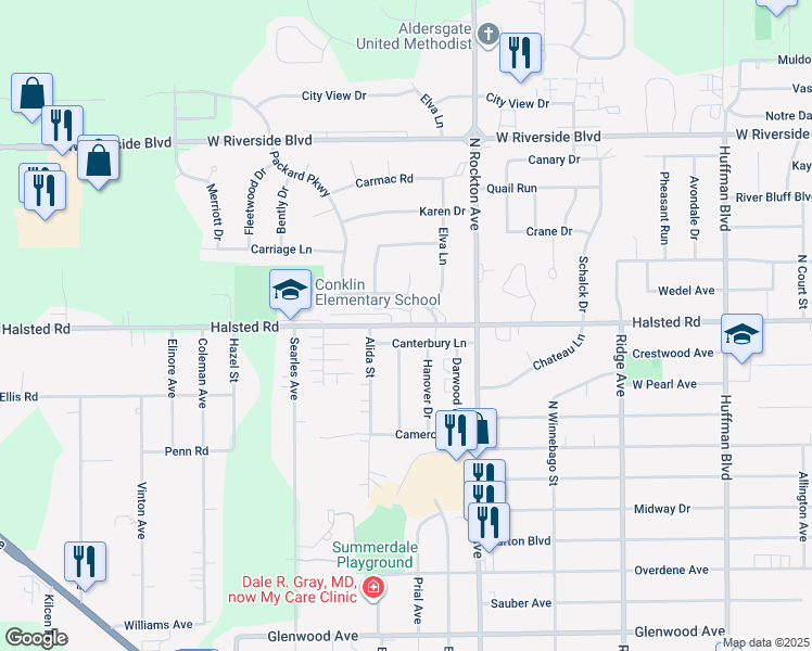map of restaurants, bars, coffee shops, grocery stores, and more near 2625 Halsted Road in Rockford