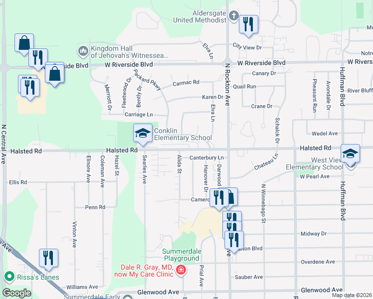 map of restaurants, bars, coffee shops, grocery stores, and more near 2625 Halsted Road in Rockford