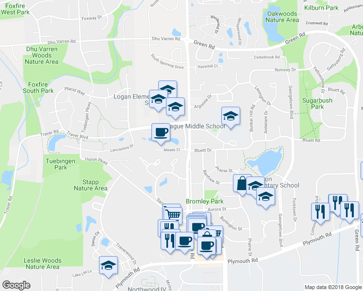 map of restaurants, bars, coffee shops, grocery stores, and more near 2607 Meade Court in Ann Arbor