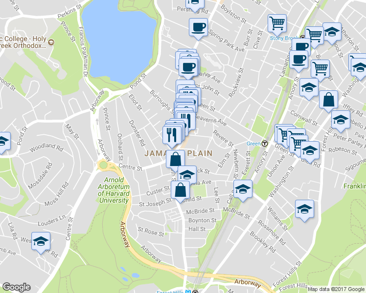map of restaurants, bars, coffee shops, grocery stores, and more near 753 Centre Street in Boston