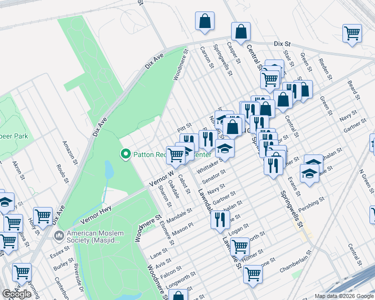 map of restaurants, bars, coffee shops, grocery stores, and more near 2375 Ferris Street in Detroit