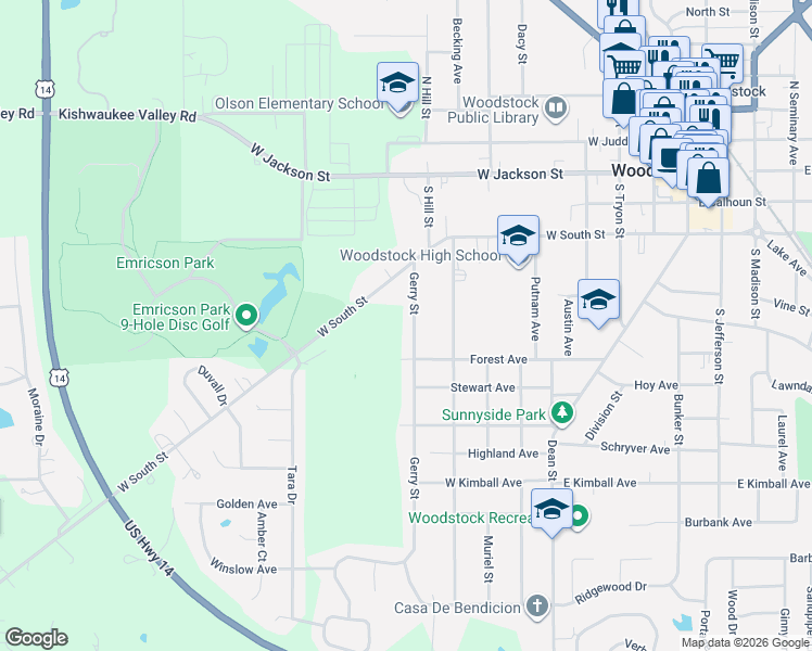 map of restaurants, bars, coffee shops, grocery stores, and more near 547 Gerry Street in Woodstock