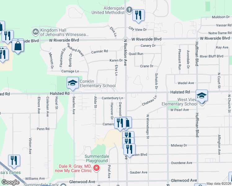 map of restaurants, bars, coffee shops, grocery stores, and more near in Rockford