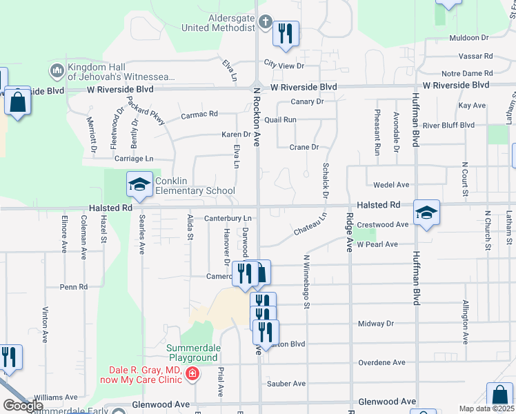 map of restaurants, bars, coffee shops, grocery stores, and more near N Rockton Ave & Halsted Rd in Rockford