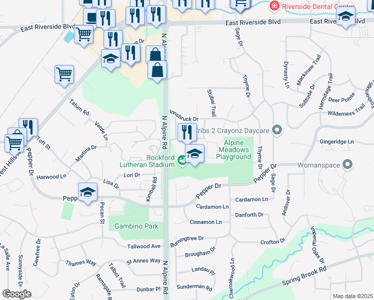 map of restaurants, bars, coffee shops, grocery stores, and more near 3411 North Alpine Road in Rockford