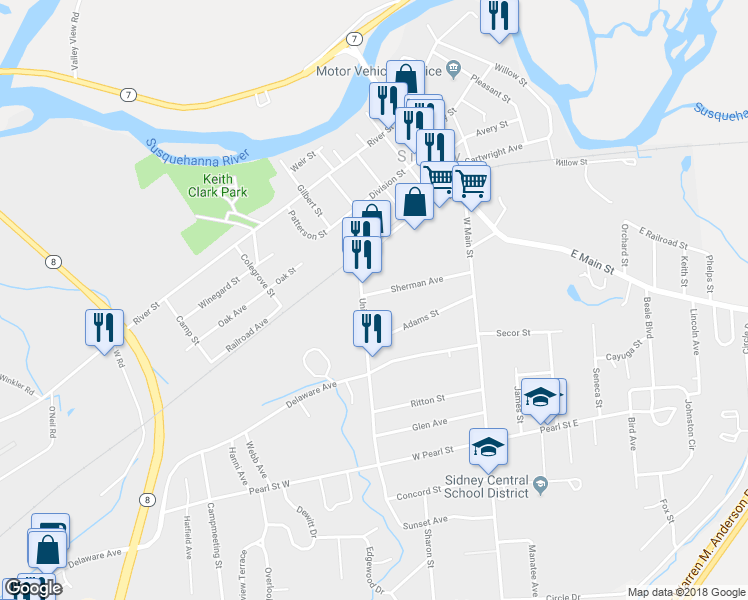 map of restaurants, bars, coffee shops, grocery stores, and more near 29 Union Street in Sidney