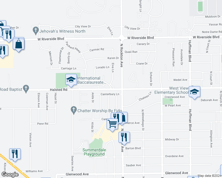 map of restaurants, bars, coffee shops, grocery stores, and more near 2604 Conklin Drive in Rockford