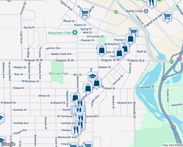 map of restaurants, bars, coffee shops, grocery stores, and more near 49 Boulder Street in Battle Creek