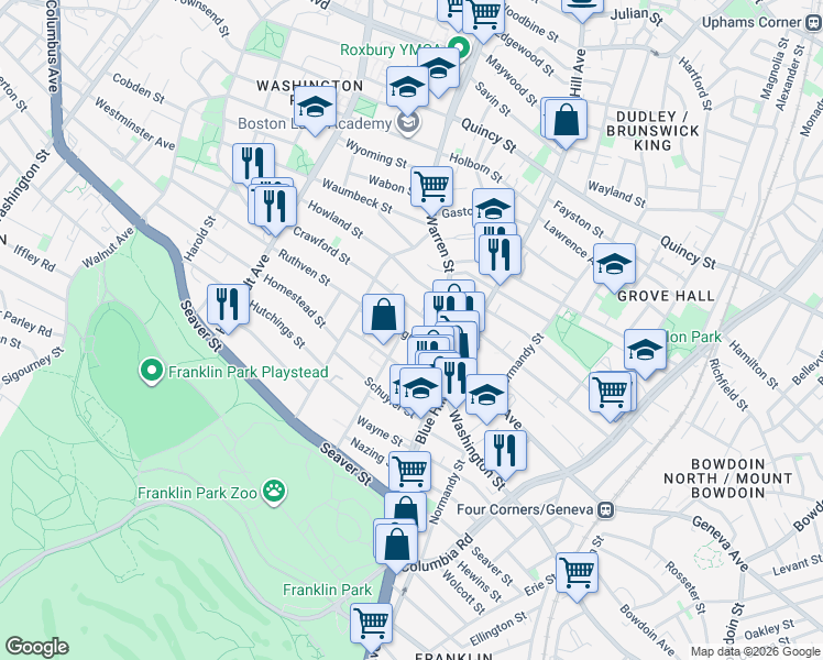 map of restaurants, bars, coffee shops, grocery stores, and more near 53 Georgia Street in Boston