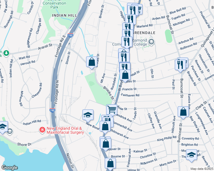 map of restaurants, bars, coffee shops, grocery stores, and more near 24 Brooks Street in Worcester