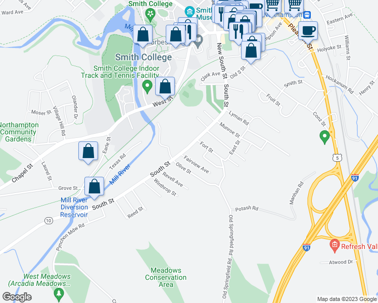 map of restaurants, bars, coffee shops, grocery stores, and more near 214 South Street in Northampton