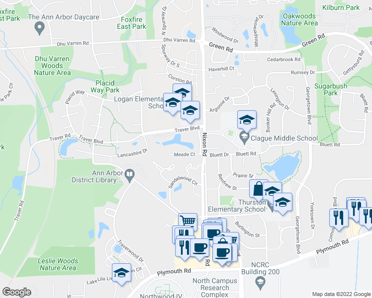 map of restaurants, bars, coffee shops, grocery stores, and more near 2547 Meade Court in Ann Arbor