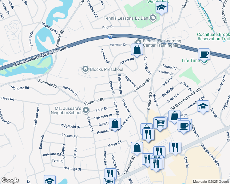 map of restaurants, bars, coffee shops, grocery stores, and more near 154 Cherry Street in Framingham