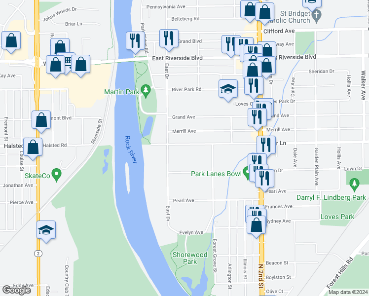 map of restaurants, bars, coffee shops, grocery stores, and more near 229 River Lane in Loves Park