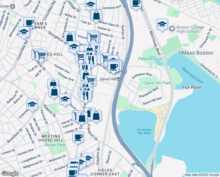 map of restaurants, bars, coffee shops, grocery stores, and more near 34 Midland Street in Boston