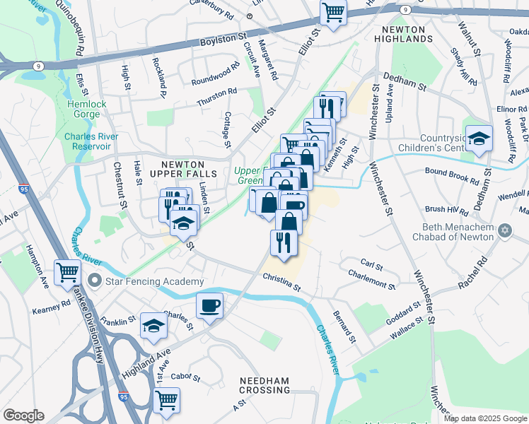 map of restaurants, bars, coffee shops, grocery stores, and more near 30 Tower Road in Newton