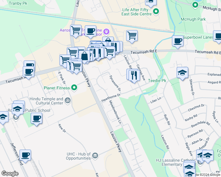 map of restaurants, bars, coffee shops, grocery stores, and more near 2617 Sycamore Drive in Windsor