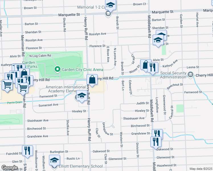 map of restaurants, bars, coffee shops, grocery stores, and more near 30069 Cherry Hill Rd in Inkster