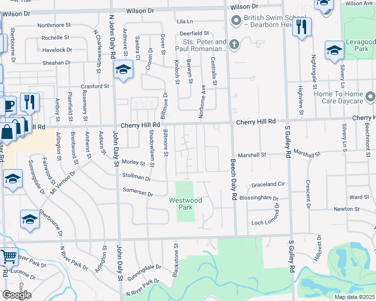map of restaurants, bars, coffee shops, grocery stores, and more near 167 Cherry Valley Drive in Inkster