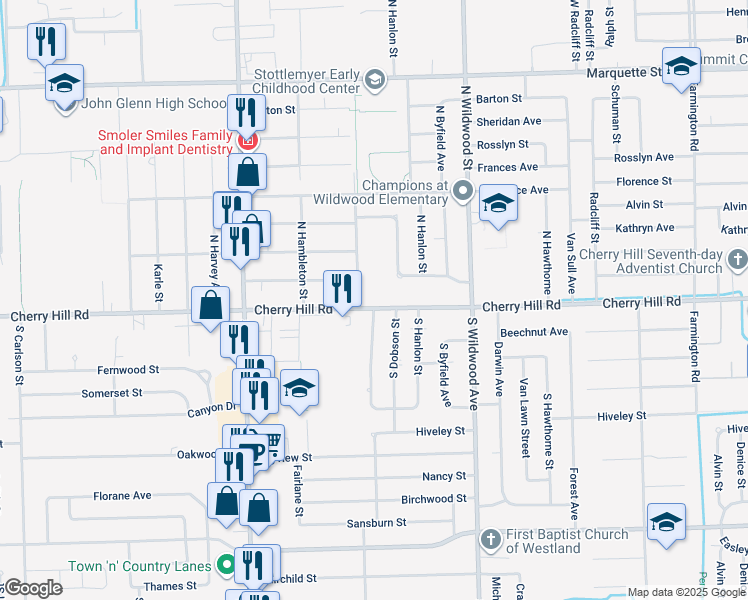 map of restaurants, bars, coffee shops, grocery stores, and more near 34844 Cherry Hill Road in Westland