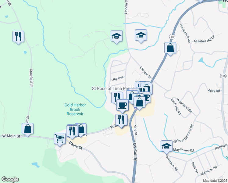 map of restaurants, bars, coffee shops, grocery stores, and more near 12 Shadylane Avenue in Northborough