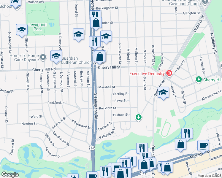 map of restaurants, bars, coffee shops, grocery stores, and more near 23801 Marshall Street in Dearborn