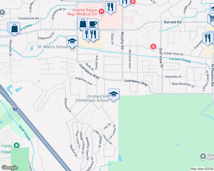 map of restaurants, bars, coffee shops, grocery stores, and more near 2850 Juanipero Way in Medford