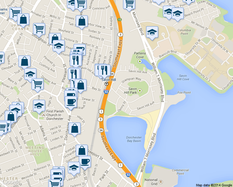 map of restaurants, bars, coffee shops, grocery stores, and more near 144 Savin Hill Avenue in Boston