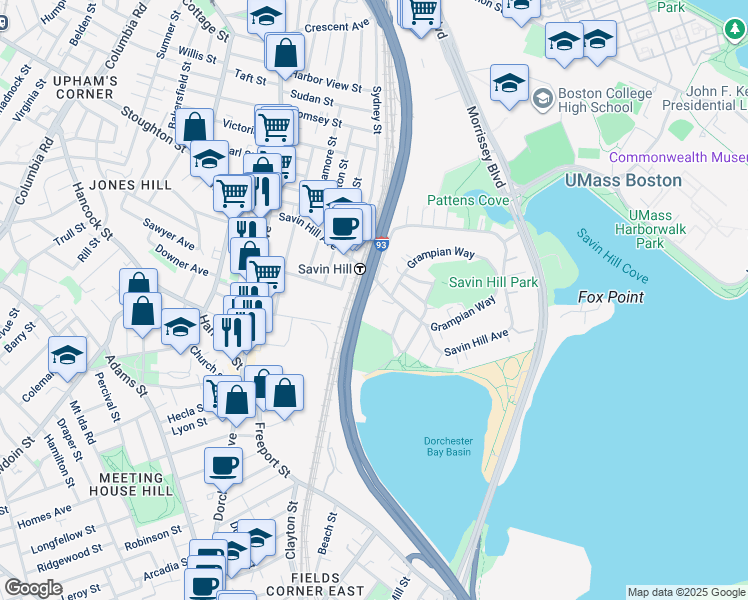 map of restaurants, bars, coffee shops, grocery stores, and more near 144 Savin Hill Avenue in Boston