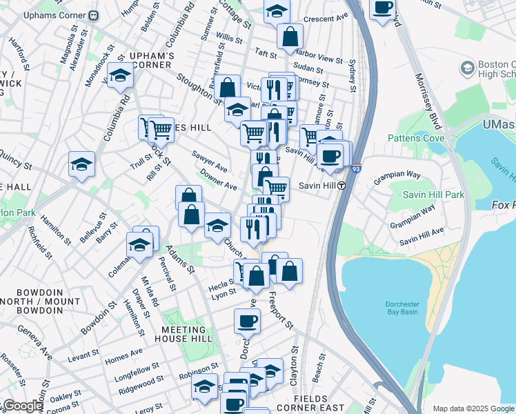 map of restaurants, bars, coffee shops, grocery stores, and more near 1181 Dorchester Avenue in Boston