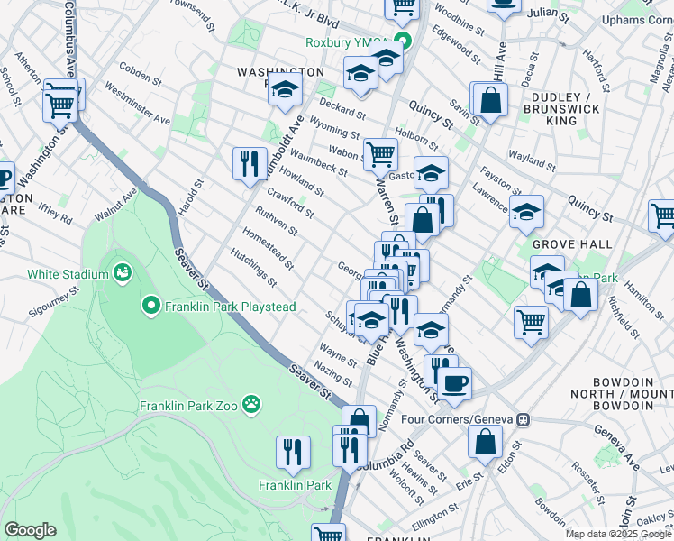 map of restaurants, bars, coffee shops, grocery stores, and more near 71-73 Georgia Street in Boston