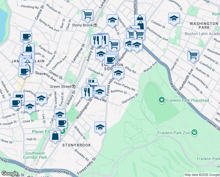 map of restaurants, bars, coffee shops, grocery stores, and more near 25 Peter Parley Road in Boston