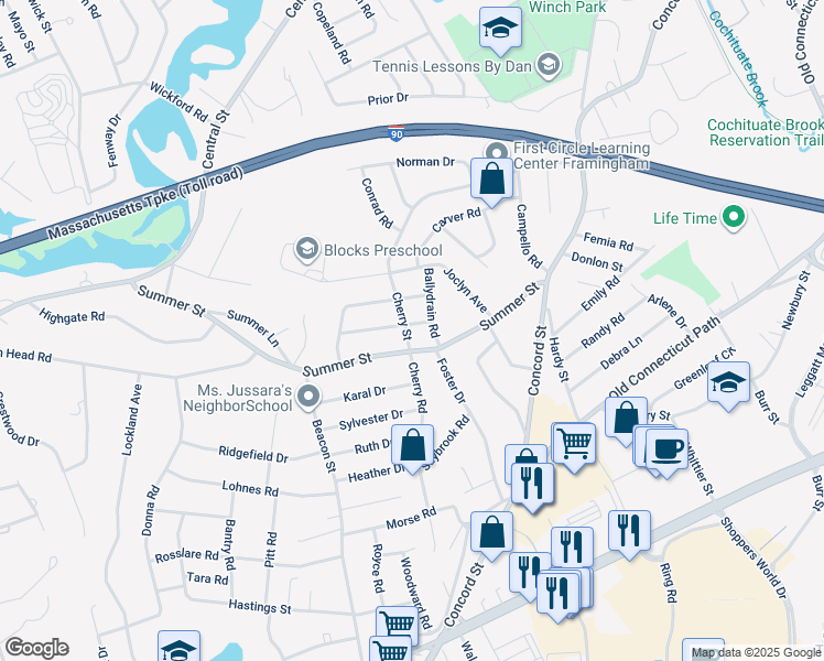 map of restaurants, bars, coffee shops, grocery stores, and more near 154 Cherry Street in Framingham