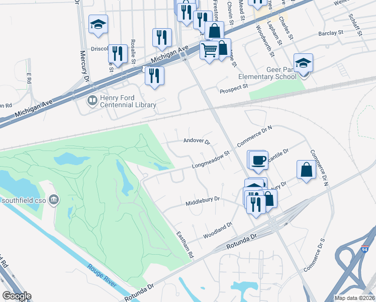 map of restaurants, bars, coffee shops, grocery stores, and more near 15805 Boone Lane in Dearborn