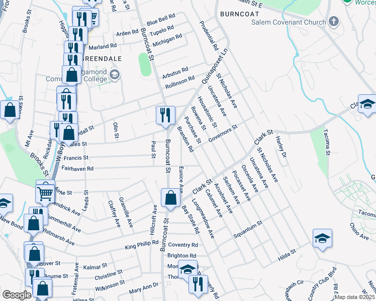 map of restaurants, bars, coffee shops, grocery stores, and more near 30 Brandon Road in Worcester