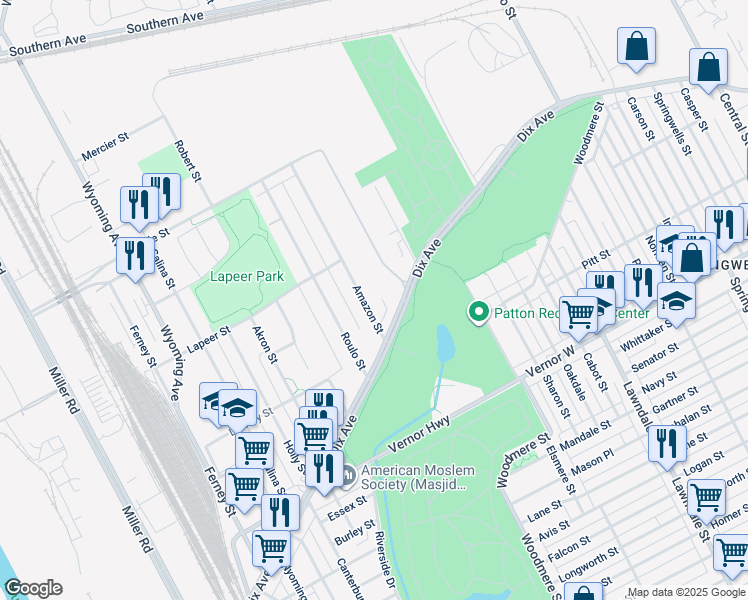 map of restaurants, bars, coffee shops, grocery stores, and more near 2798 Amazon Street in Dearborn