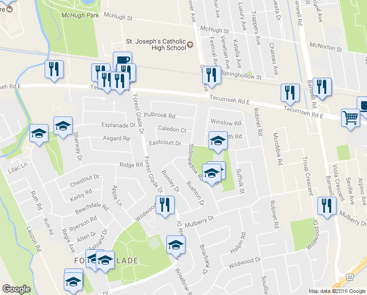 map of restaurants, bars, coffee shops, grocery stores, and more near 10455 Eastcourt Drive in Windsor