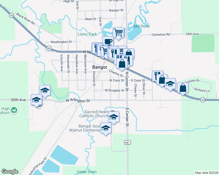map of restaurants, bars, coffee shops, grocery stores, and more near 114 North Walnut Street in Bangor