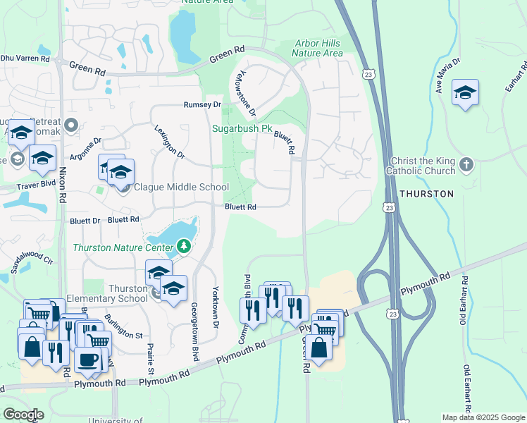 map of restaurants, bars, coffee shops, grocery stores, and more near 3256 Bluett Road in Ann Arbor