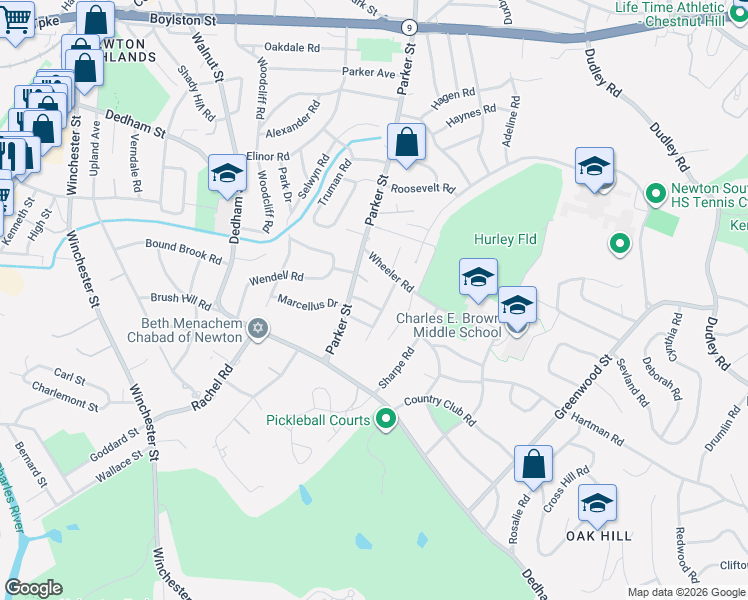 map of restaurants, bars, coffee shops, grocery stores, and more near 15 Jane Road in Newton
