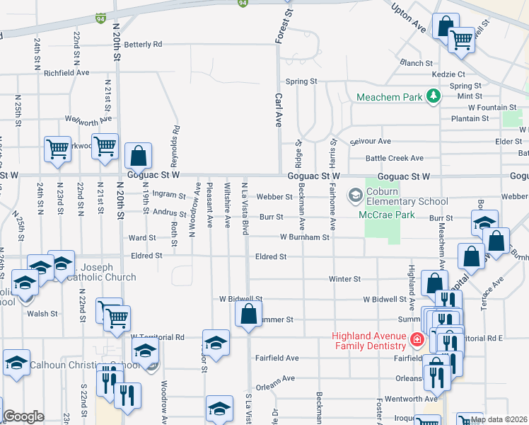 map of restaurants, bars, coffee shops, grocery stores, and more near 342 Burr Street in Battle Creek