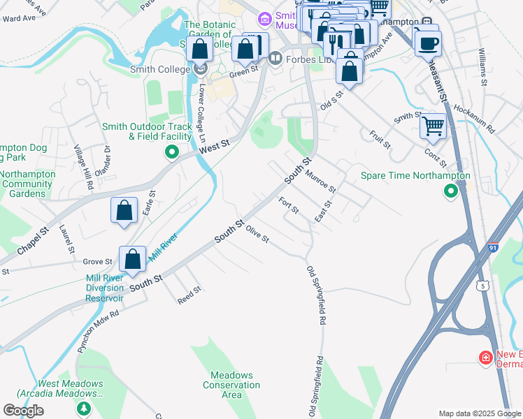 map of restaurants, bars, coffee shops, grocery stores, and more near 212 South Street in Northampton