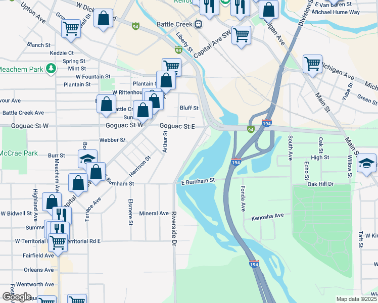 map of restaurants, bars, coffee shops, grocery stores, and more near 172 Riverside Drive in Battle Creek